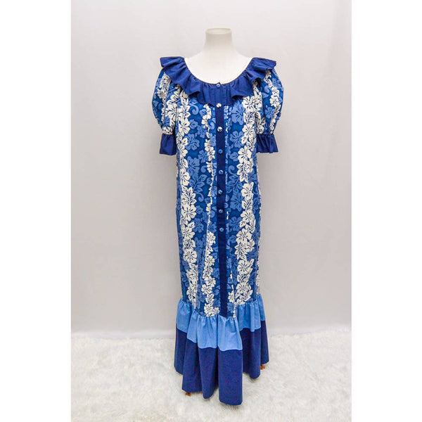 Vintage Lucky You womens dress blue white hawaiian M+ 80s